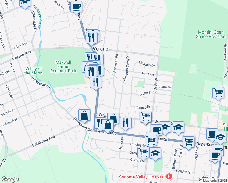map of restaurants, bars, coffee shops, grocery stores, and more near 19235 Robinson Rd in Sonoma