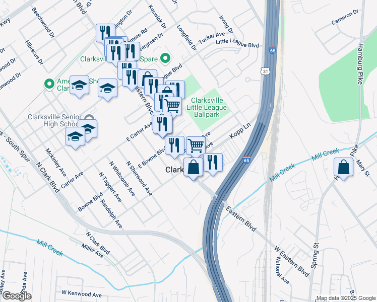 map of restaurants, bars, coffee shops, grocery stores, and more near 430 Andalusia Avenue in Clarksville