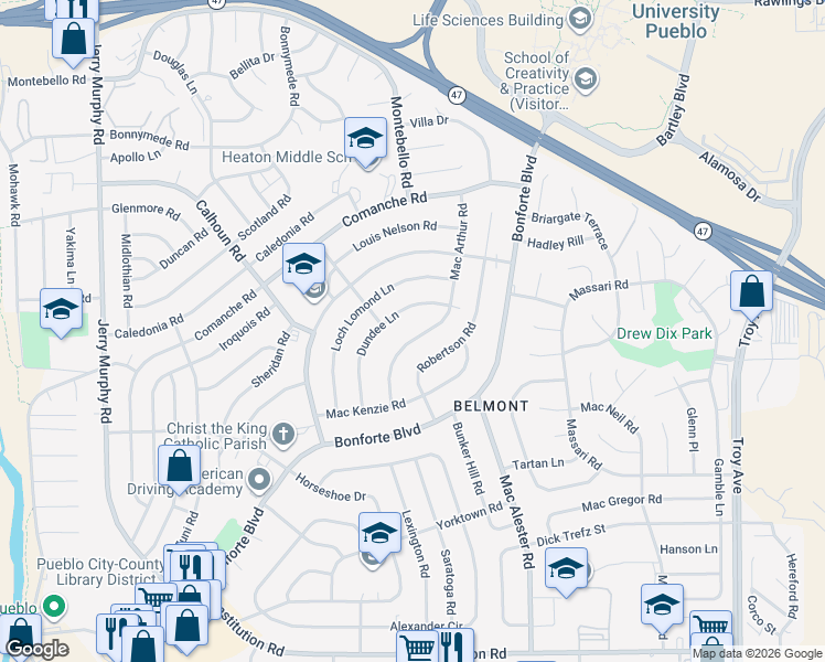 map of restaurants, bars, coffee shops, grocery stores, and more near 27 Macarthur Road in Pueblo
