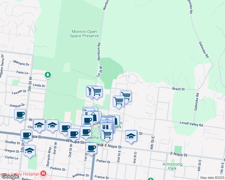 map of restaurants, bars, coffee shops, grocery stores, and more near 101 Blue Wing Drive in Sonoma