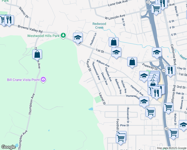 map of restaurants, bars, coffee shops, grocery stores, and more near 3140 Laurel Street in Napa