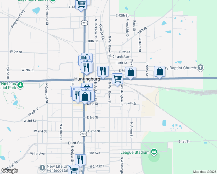 map of restaurants, bars, coffee shops, grocery stores, and more near 504 N Van Buren St in Huntingburg