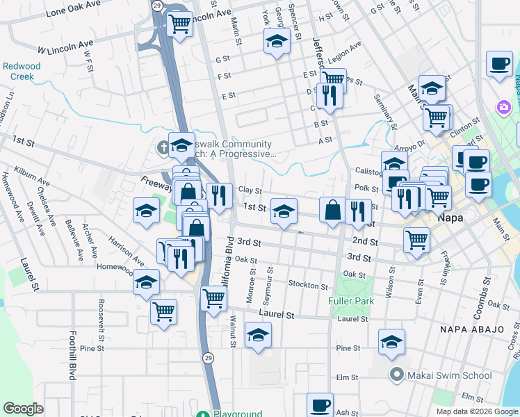map of restaurants, bars, coffee shops, grocery stores, and more near 2252 1st Street in Napa