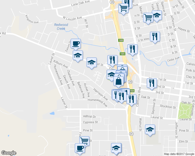 map of restaurants, bars, coffee shops, grocery stores, and more near 134 Valley Oak Drive in Napa
