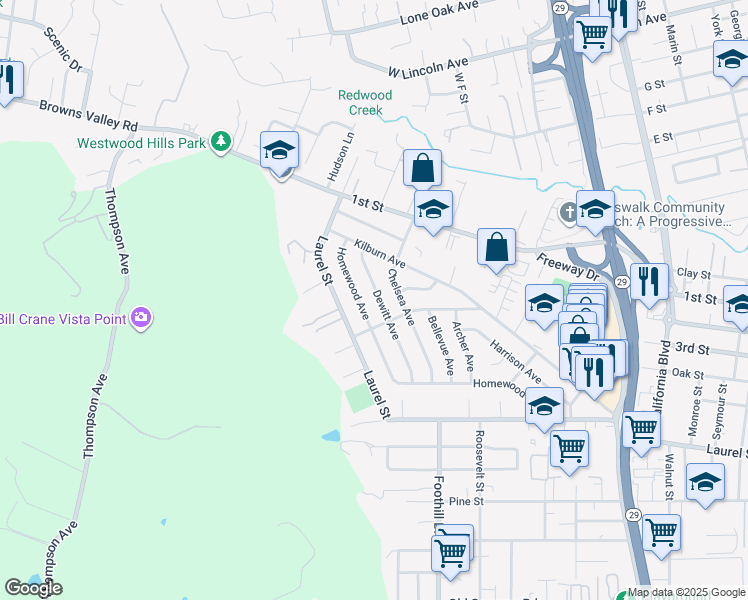 map of restaurants, bars, coffee shops, grocery stores, and more near 129 Dewitt Avenue in Napa