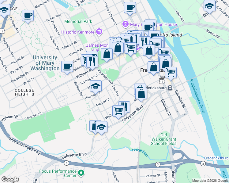 map of restaurants, bars, coffee shops, grocery stores, and more near 720 Lee Avenue in Fredericksburg