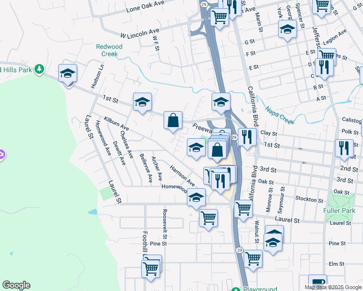 map of restaurants, bars, coffee shops, grocery stores, and more near 136 Valley Oak Drive in Napa