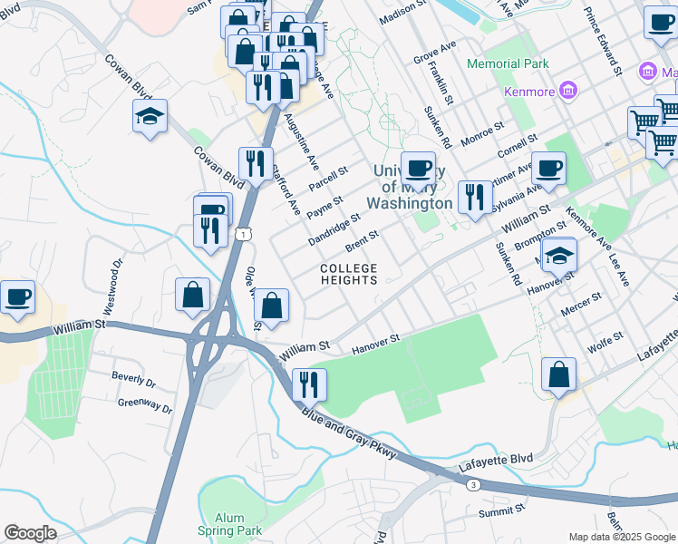 map of restaurants, bars, coffee shops, grocery stores, and more near 1205 Stafford Avenue in Fredericksburg