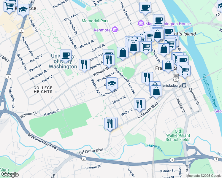 map of restaurants, bars, coffee shops, grocery stores, and more near 804 Littlepage Street in Fredericksburg