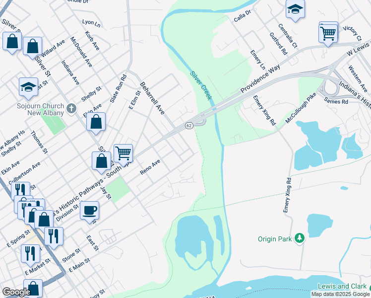 map of restaurants, bars, coffee shops, grocery stores, and more near 317 Beharrell Avenue in New Albany