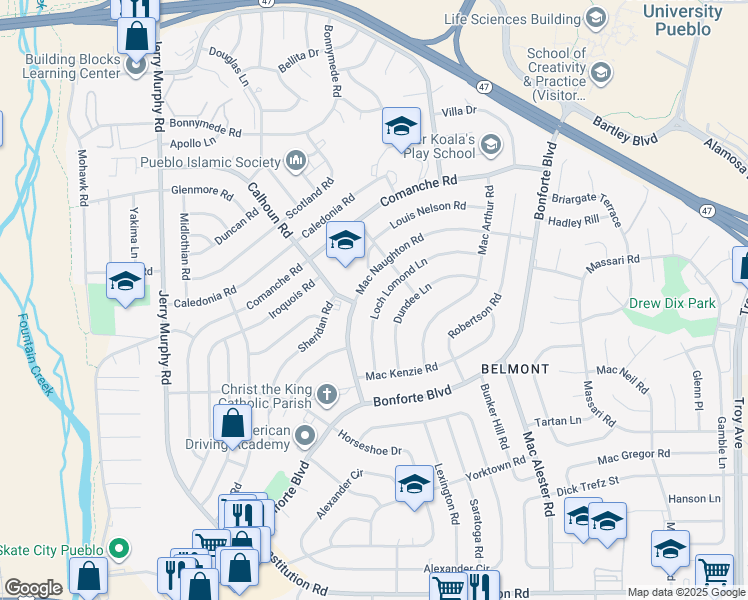 map of restaurants, bars, coffee shops, grocery stores, and more near 33 Loch Lomond Lane in Pueblo