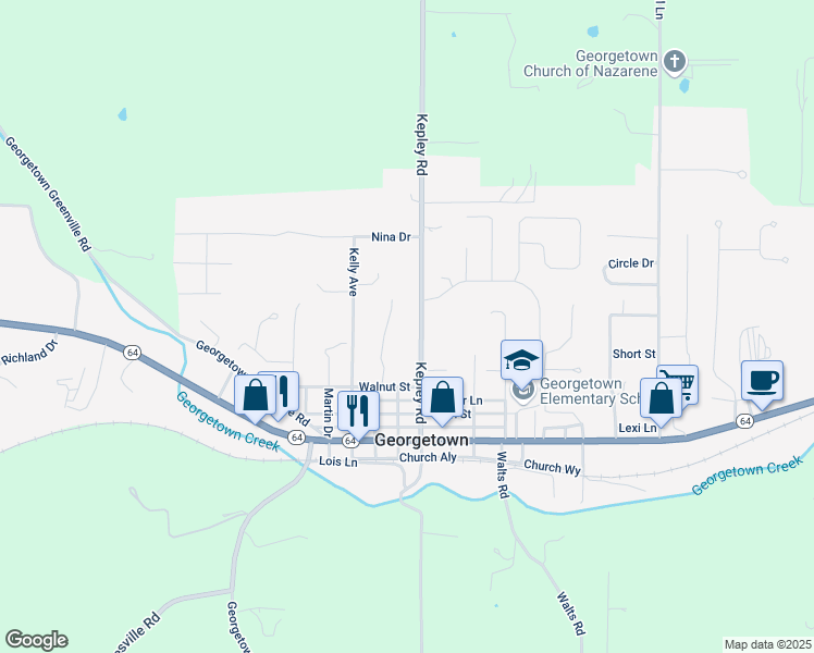 map of restaurants, bars, coffee shops, grocery stores, and more near 1755 Kepley Road in Georgetown