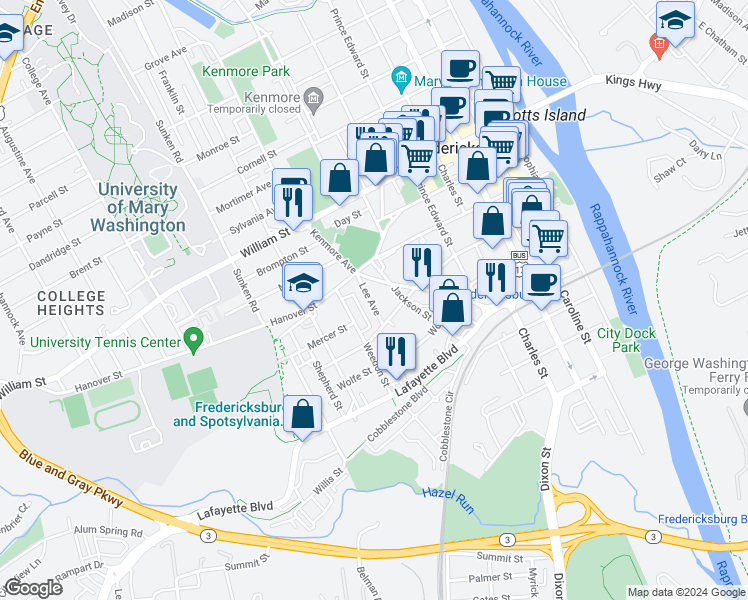 map of restaurants, bars, coffee shops, grocery stores, and more near 711 Lee Avenue in Fredericksburg