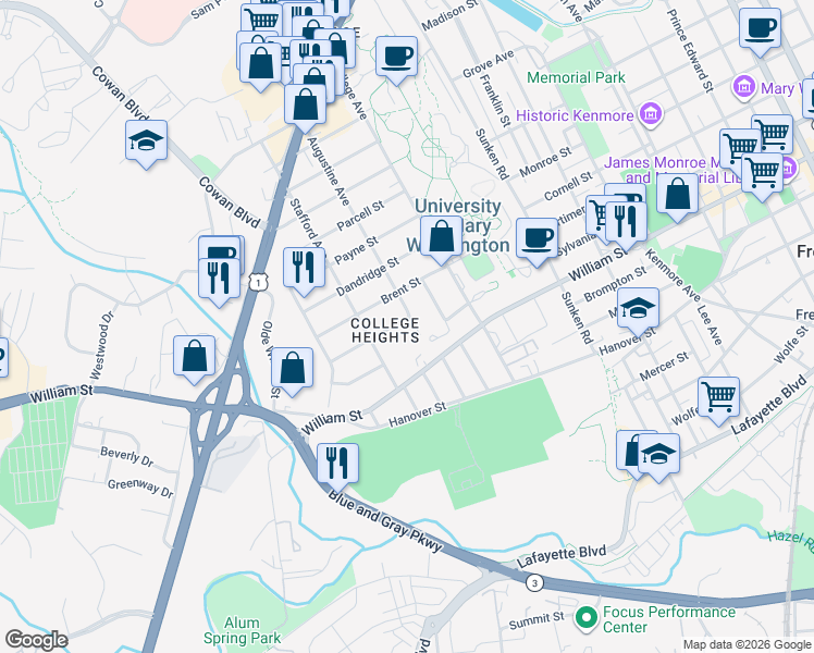 map of restaurants, bars, coffee shops, grocery stores, and more near 1300 Royston Street in Fredericksburg
