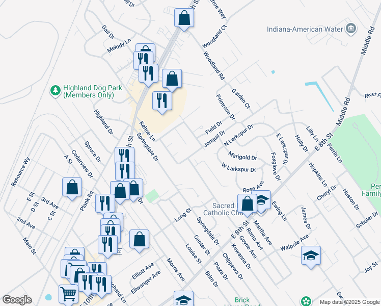 map of restaurants, bars, coffee shops, grocery stores, and more near 1611 Jonquil Drive in Jeffersonville