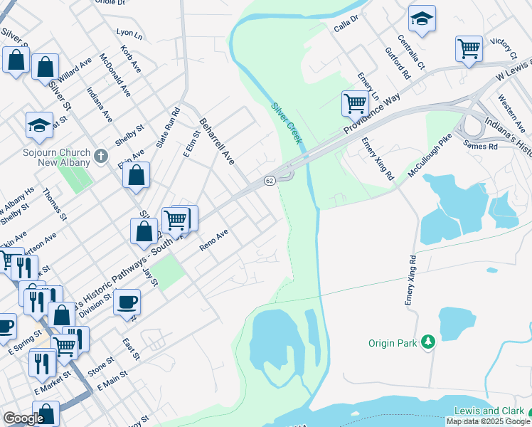 map of restaurants, bars, coffee shops, grocery stores, and more near 317 Beharrell Avenue in New Albany