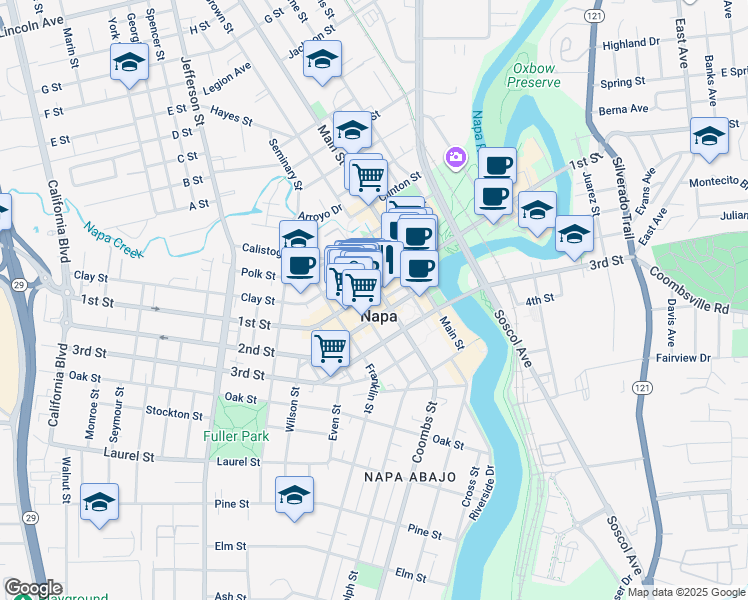 map of restaurants, bars, coffee shops, grocery stores, and more near 1219 1st Street in Napa