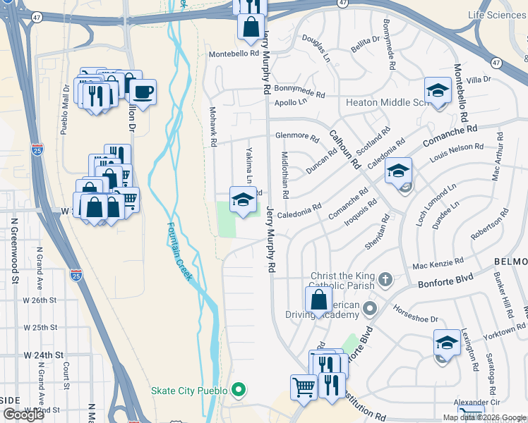 map of restaurants, bars, coffee shops, grocery stores, and more near 1731 Jerry Murphy Road in Pueblo