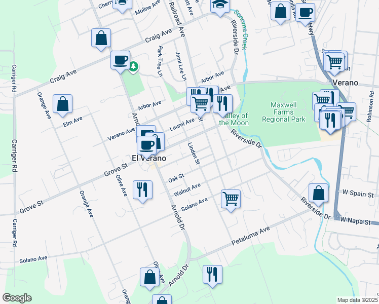 map of restaurants, bars, coffee shops, grocery stores, and more near 807 Center Street in Sonoma