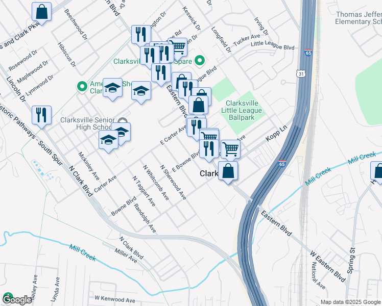 map of restaurants, bars, coffee shops, grocery stores, and more near 225 East Bowne Boulevard in Clarksville