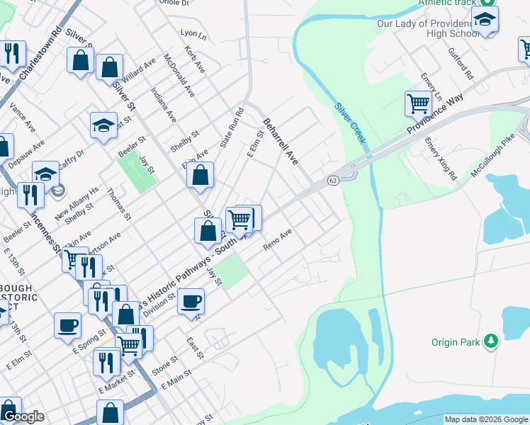 map of restaurants, bars, coffee shops, grocery stores, and more near 2213 Spring Avenue in New Albany