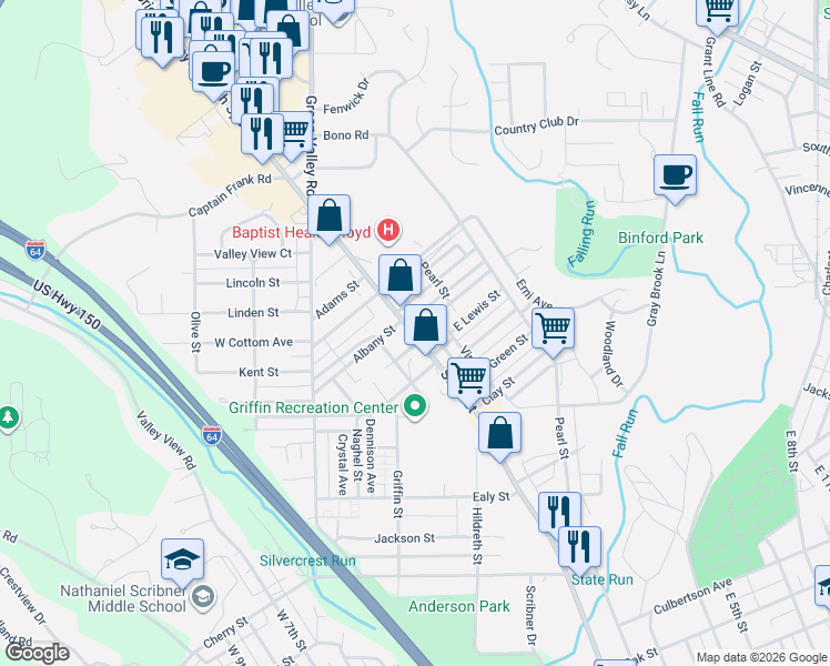 map of restaurants, bars, coffee shops, grocery stores, and more near State Street in New Albany