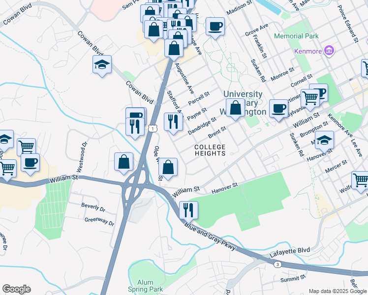 map of restaurants, bars, coffee shops, grocery stores, and more near 1421 Brent Street in Fredericksburg