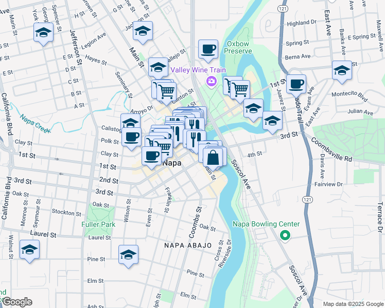 map of restaurants, bars, coffee shops, grocery stores, and more near 1001 2nd Street in Napa