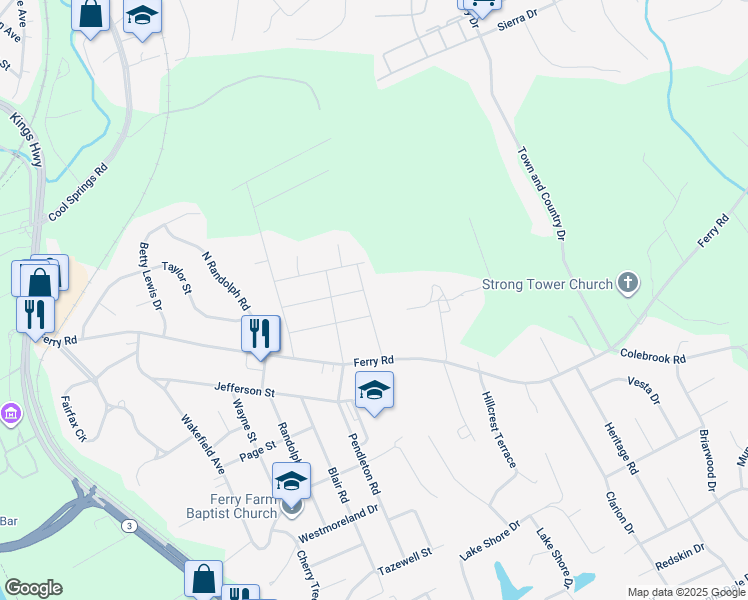 map of restaurants, bars, coffee shops, grocery stores, and more near 17 Braddock Drive in Fredericksburg