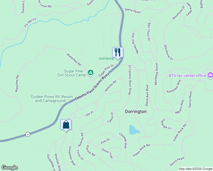 map of restaurants, bars, coffee shops, grocery stores, and more near 3065 Apache Road in Arnold