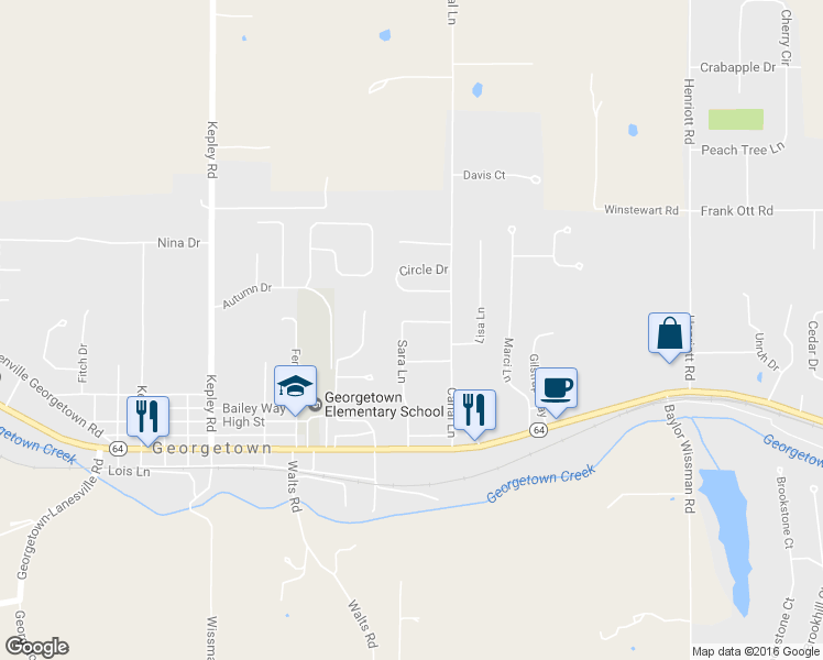 map of restaurants, bars, coffee shops, grocery stores, and more near 8210 Sara Lane in Georgetown