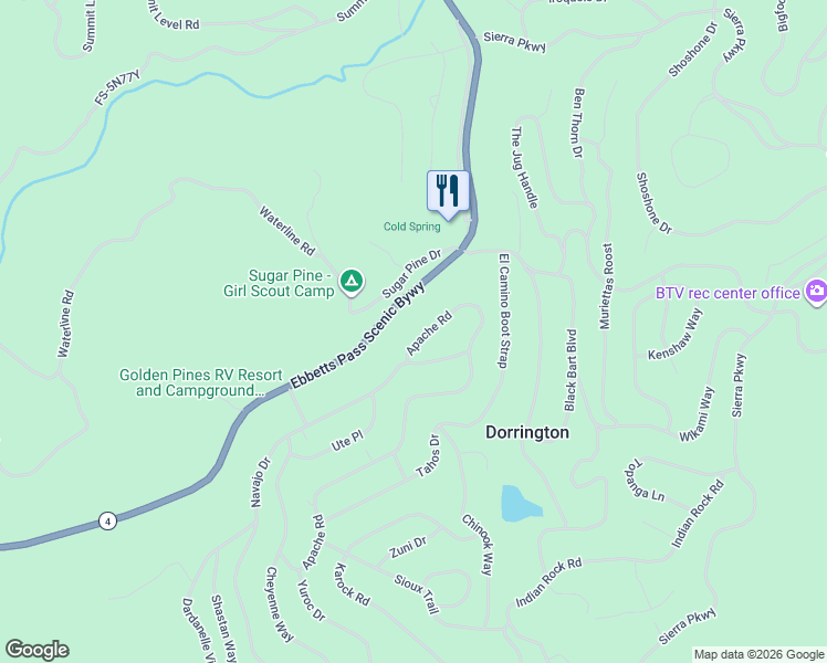 map of restaurants, bars, coffee shops, grocery stores, and more near 3065 Apache Road in Arnold