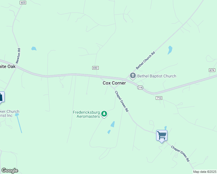 map of restaurants, bars, coffee shops, grocery stores, and more near 36 Chapel Green Road in Fredericksburg