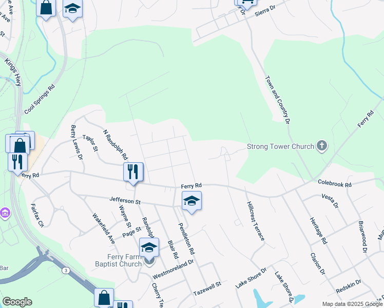 map of restaurants, bars, coffee shops, grocery stores, and more near 17 Braddock Drive in Fredericksburg
