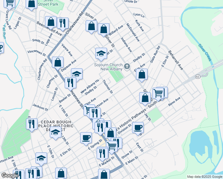 map of restaurants, bars, coffee shops, grocery stores, and more near 1902 Ekin Avenue in New Albany