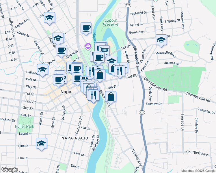 map of restaurants, bars, coffee shops, grocery stores, and more near 726 4th Street in Napa