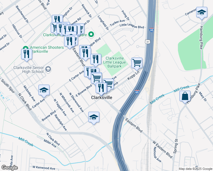 map of restaurants, bars, coffee shops, grocery stores, and more near 430 Andalusia Avenue in Clarksville