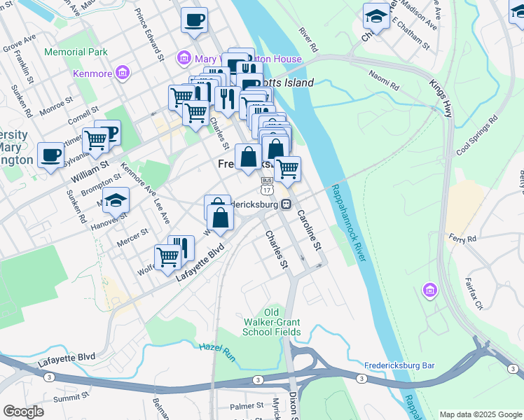 map of restaurants, bars, coffee shops, grocery stores, and more near 307 U.S. 17 Business in Fredericksburg