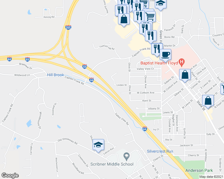 map of restaurants, bars, coffee shops, grocery stores, and more near Interstate 64 in New Albany