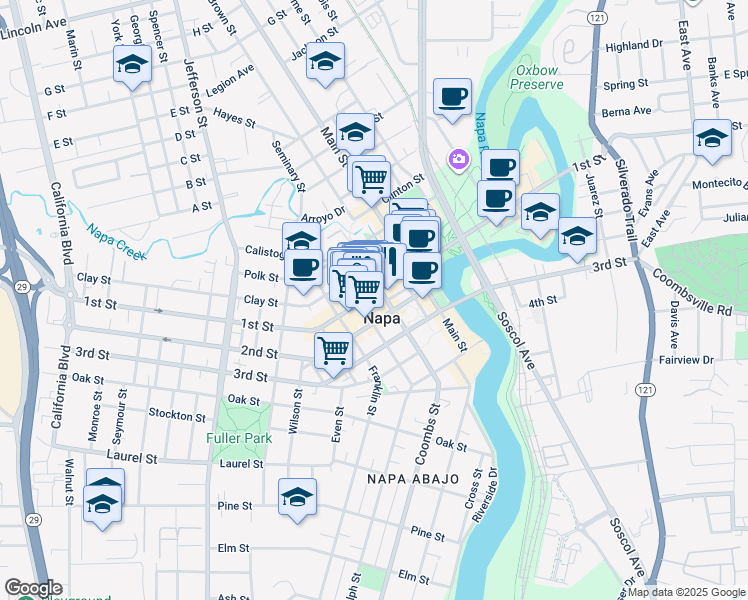 map of restaurants, bars, coffee shops, grocery stores, and more near 1219 1st Street in Napa
