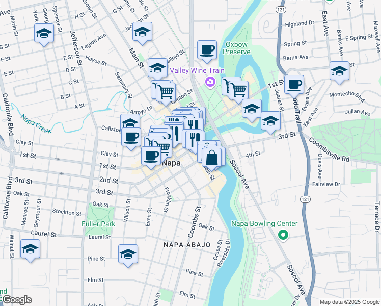 map of restaurants, bars, coffee shops, grocery stores, and more near 807 Main Street in Napa