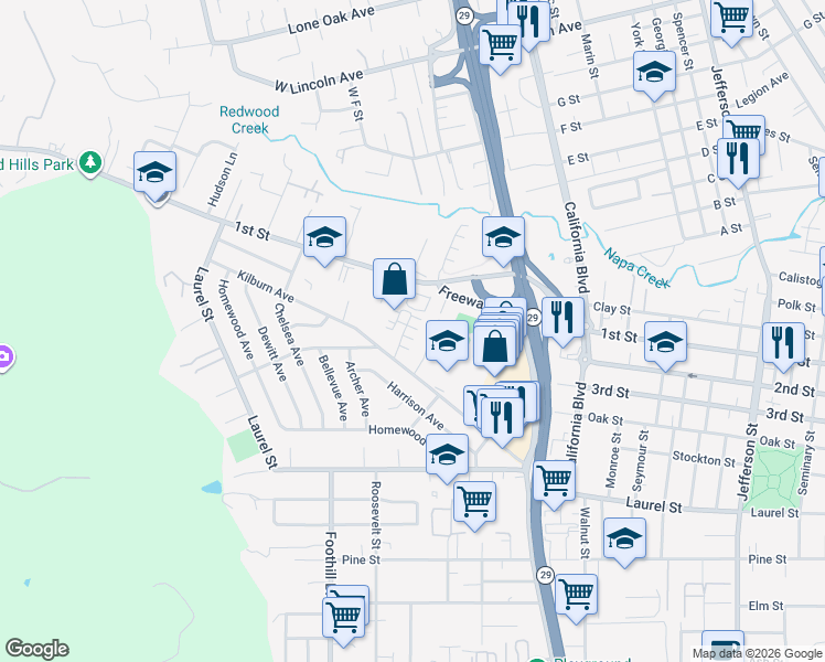 map of restaurants, bars, coffee shops, grocery stores, and more near 140A Valley Oak Drive in Napa
