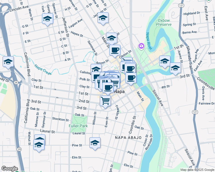 map of restaurants, bars, coffee shops, grocery stores, and more near 1300 1st Street in Napa