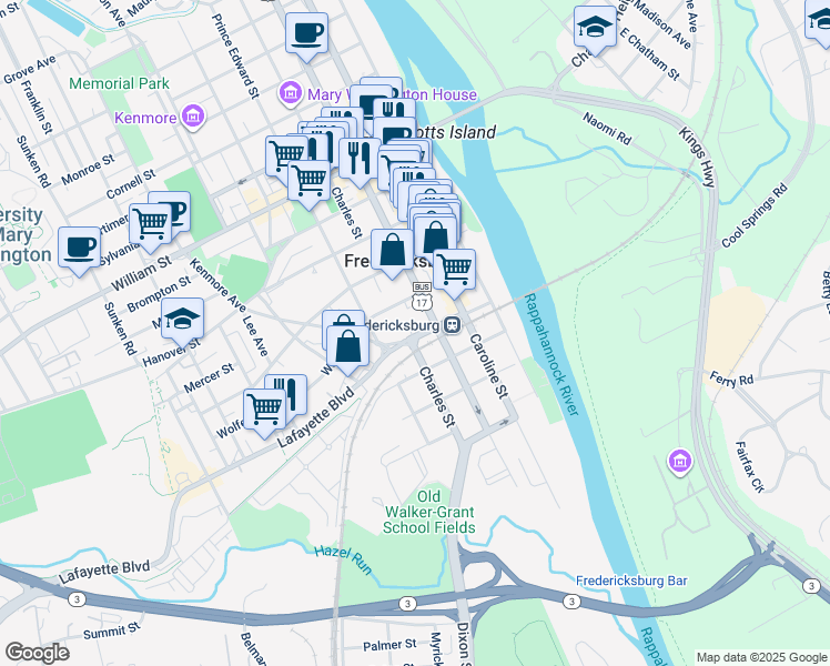 map of restaurants, bars, coffee shops, grocery stores, and more near 307 Lafayette Boulevard in Fredericksburg