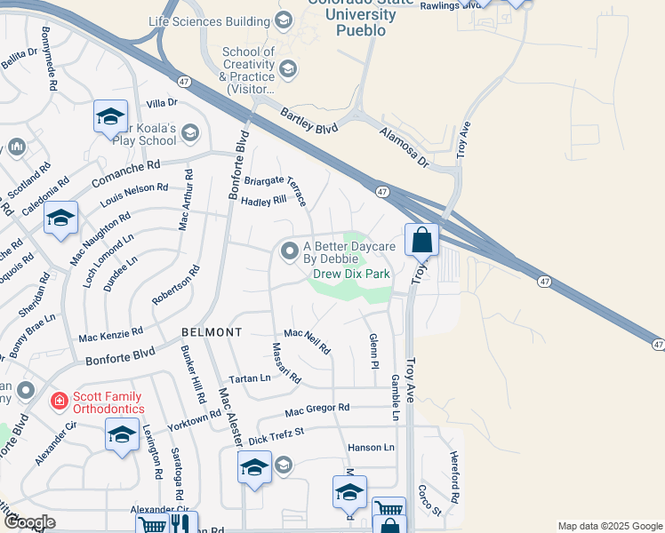 map of restaurants, bars, coffee shops, grocery stores, and more near 6 Dover Lane in Pueblo