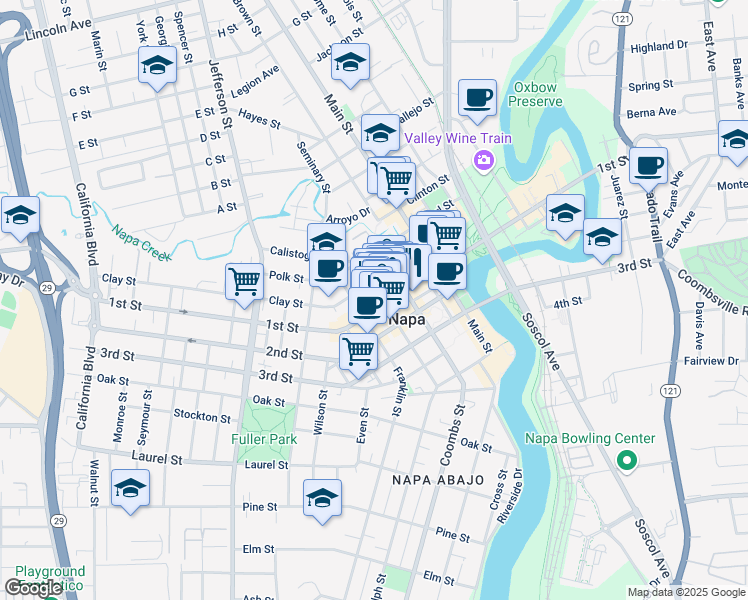 map of restaurants, bars, coffee shops, grocery stores, and more near in Napa