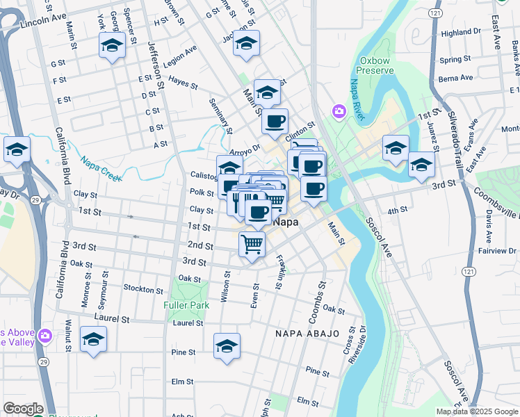 map of restaurants, bars, coffee shops, grocery stores, and more near 1300 1st Street in Napa