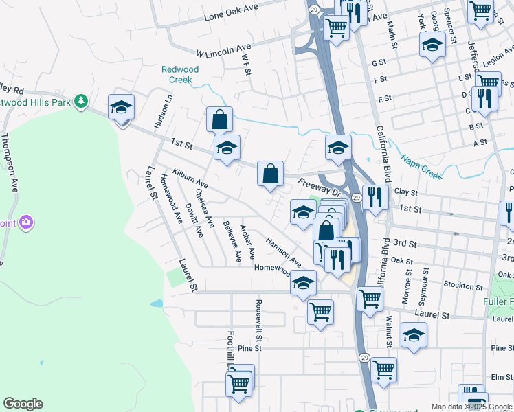 map of restaurants, bars, coffee shops, grocery stores, and more near 2812 Kilburn Avenue in Napa