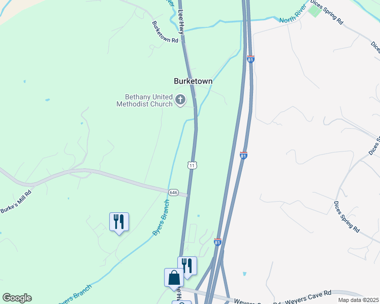 map of restaurants, bars, coffee shops, grocery stores, and more near 3612 Lee Highway in Weyers Cave