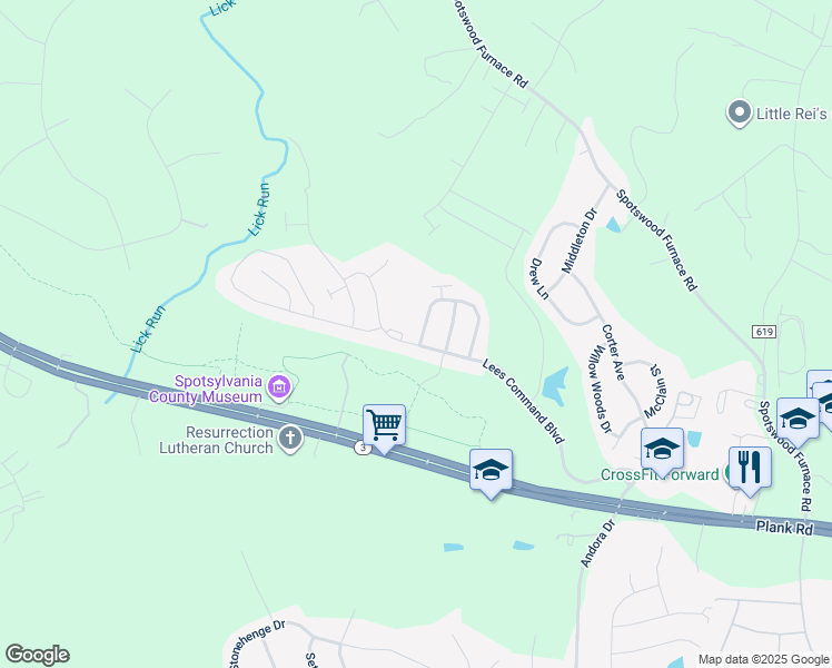 map of restaurants, bars, coffee shops, grocery stores, and more near 12525 Regiment Lane in Fredericksburg